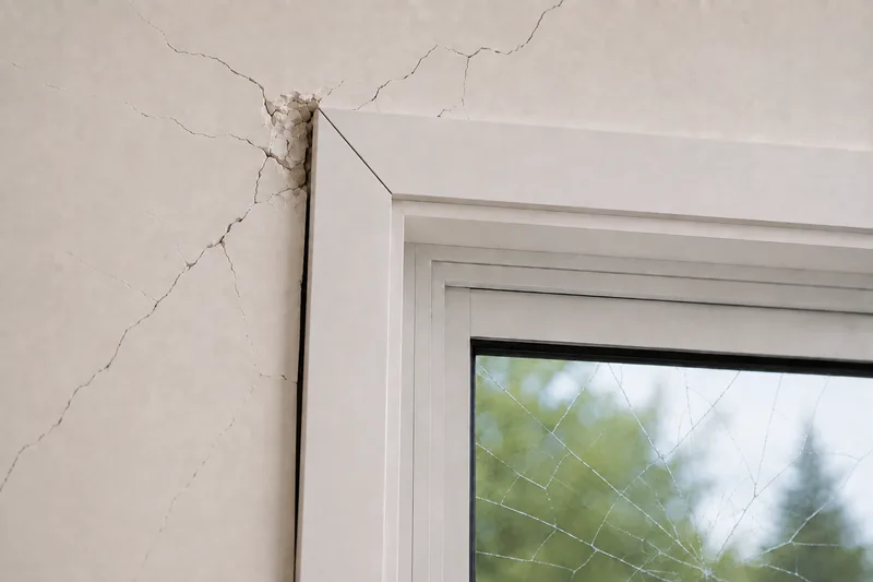 A door corner with standard framing, showing cracked linings and a jammed door after an earthquake